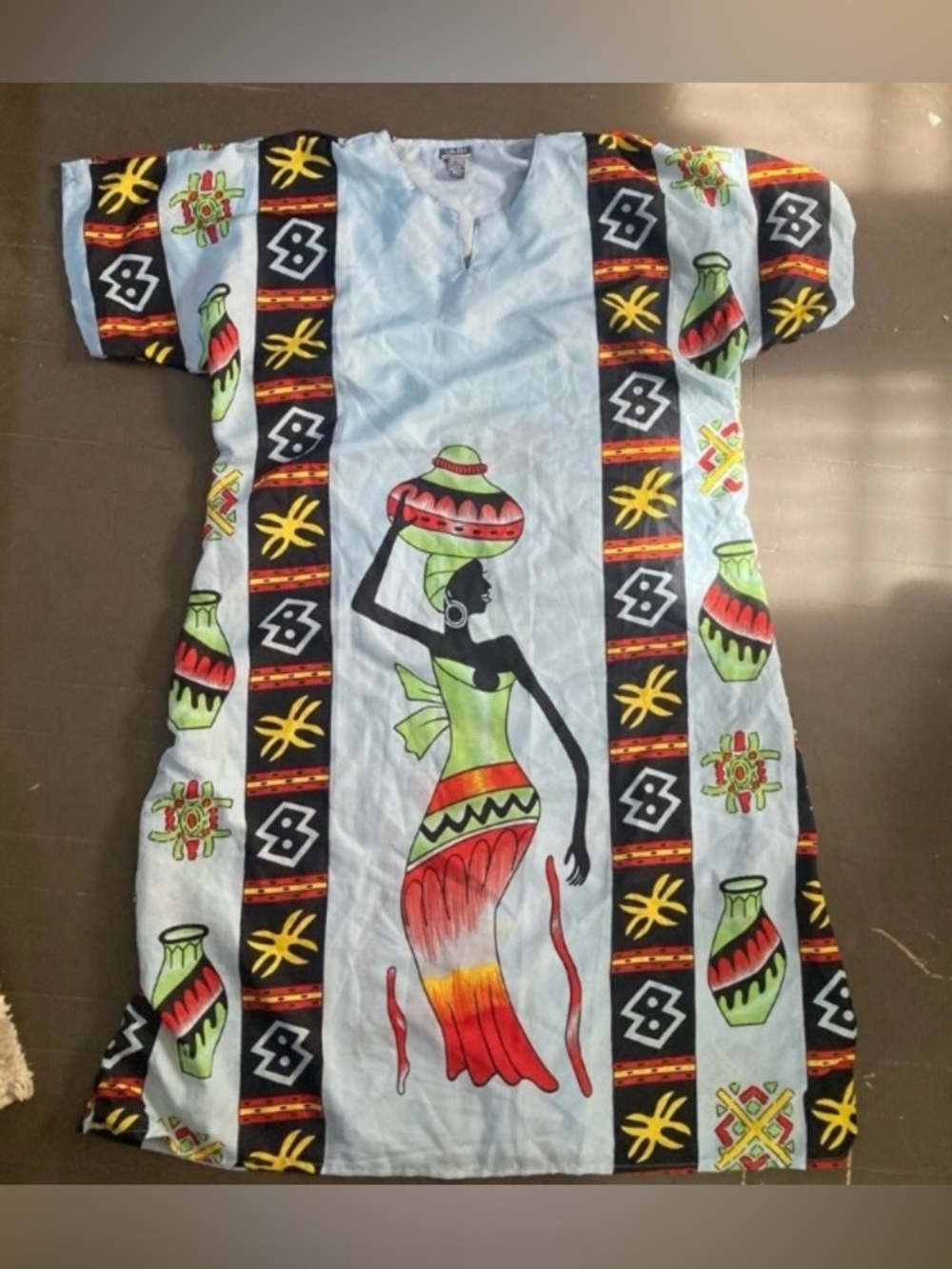 African Print Shift Dress with Hand-Painted Motif - Blue, Red, Green One Size